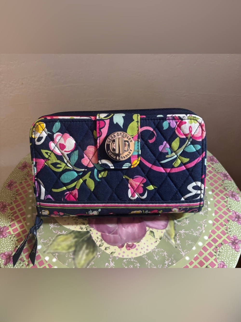 Vera Bradley Navy Quilted Floral Zip-Around Wallet with Turn-Lock
